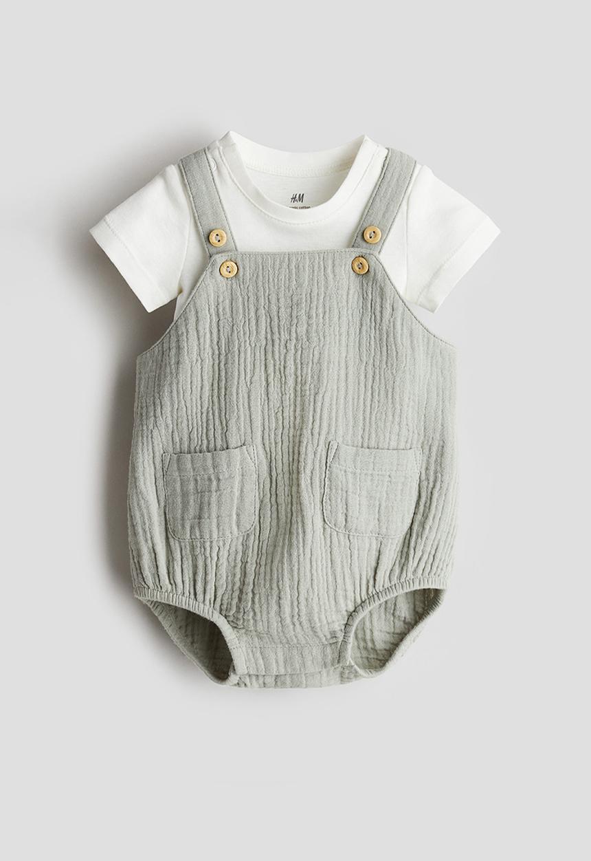 H&M - 2 piece cotton set - light khaki green & white