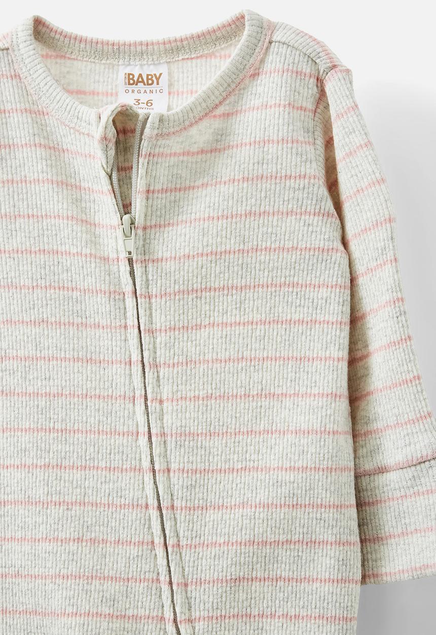 Cotton On - Organic pointelle zip romper - oatmeal marle/zephyr stripe