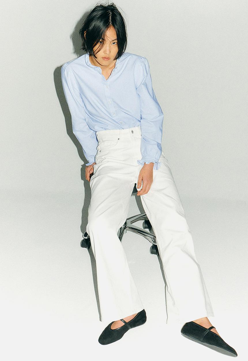 H&M - Frill-trimmed oxford blouse - blue & striped