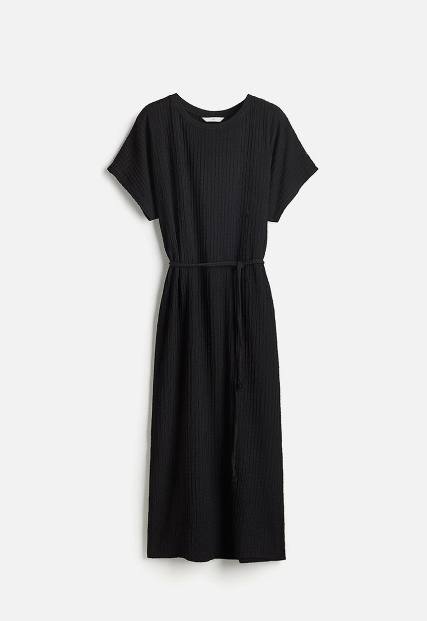 H&M - Tie-belt textured jersey dress - black