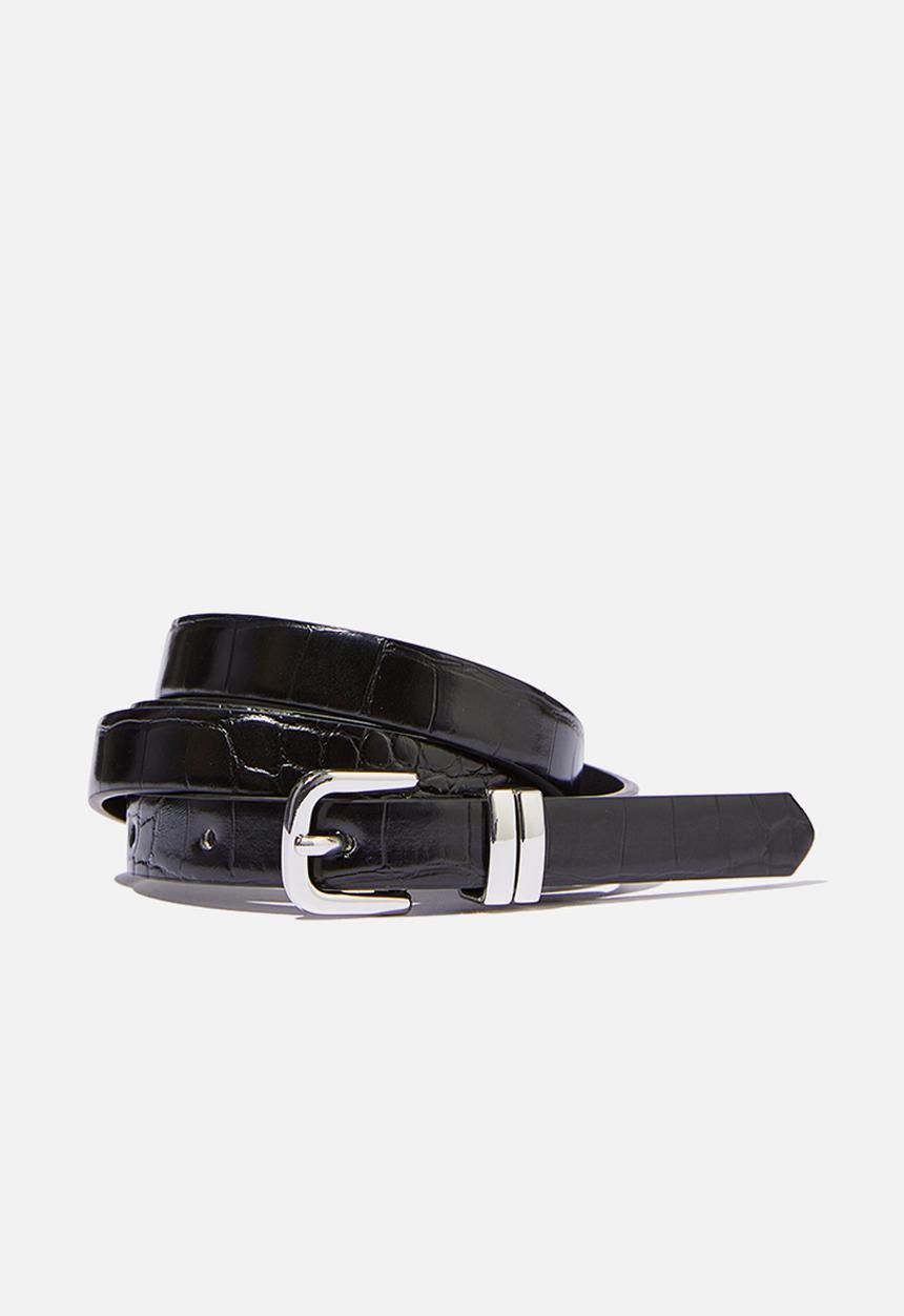 Rubi - Stacey Slim Belt - Black Texture/Shiny Silver