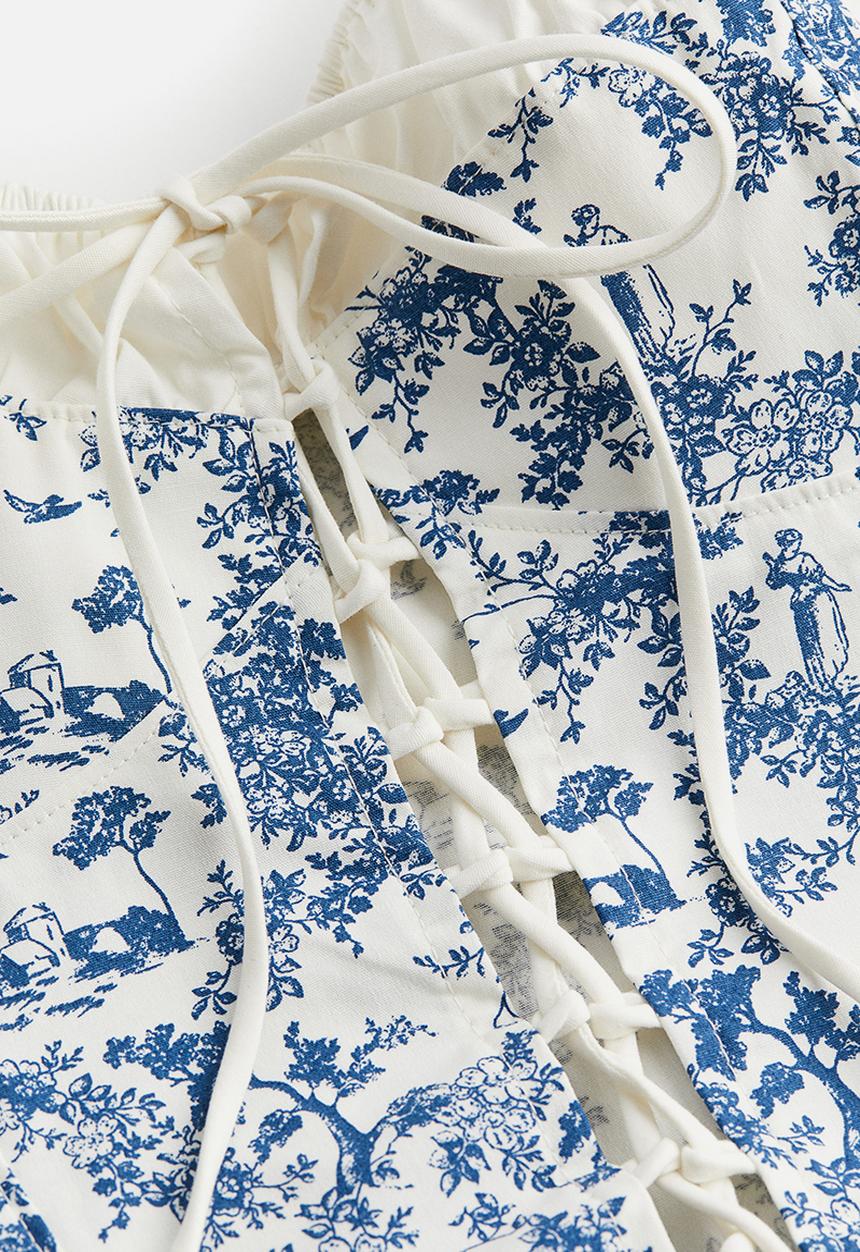 H&M - Lacing-detail cotton bustier top - cream patterned