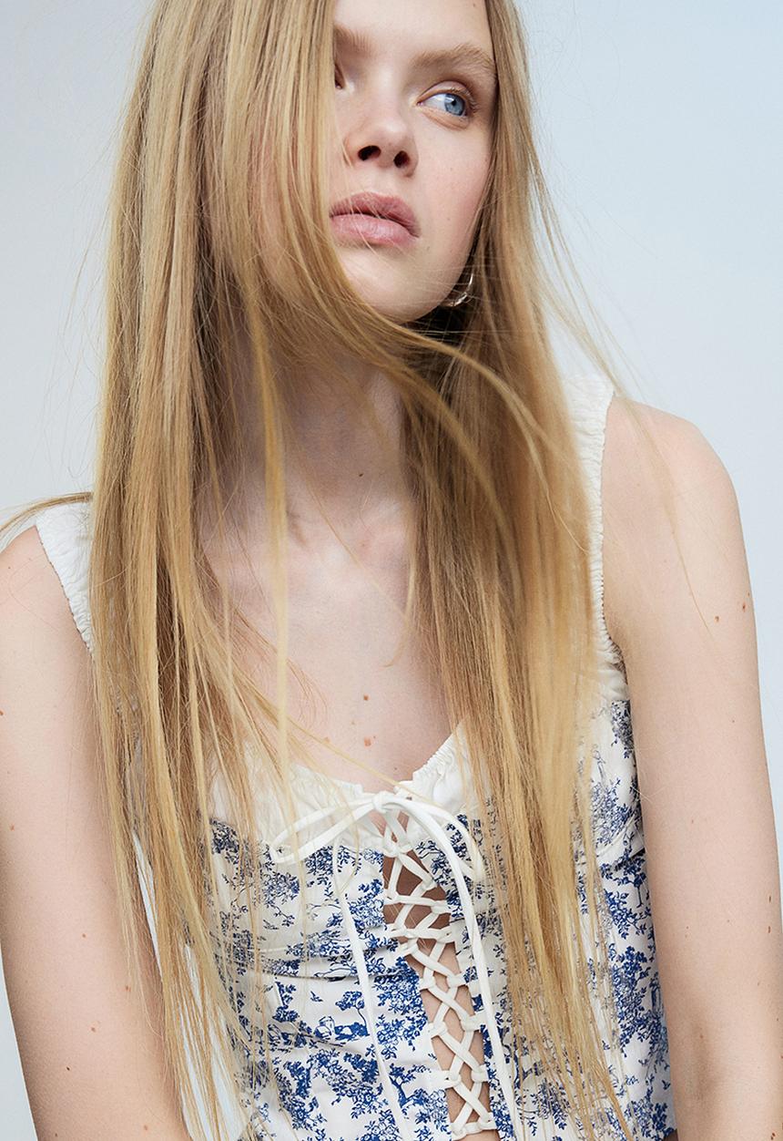 H&M - Lacing-detail cotton bustier top - cream patterned