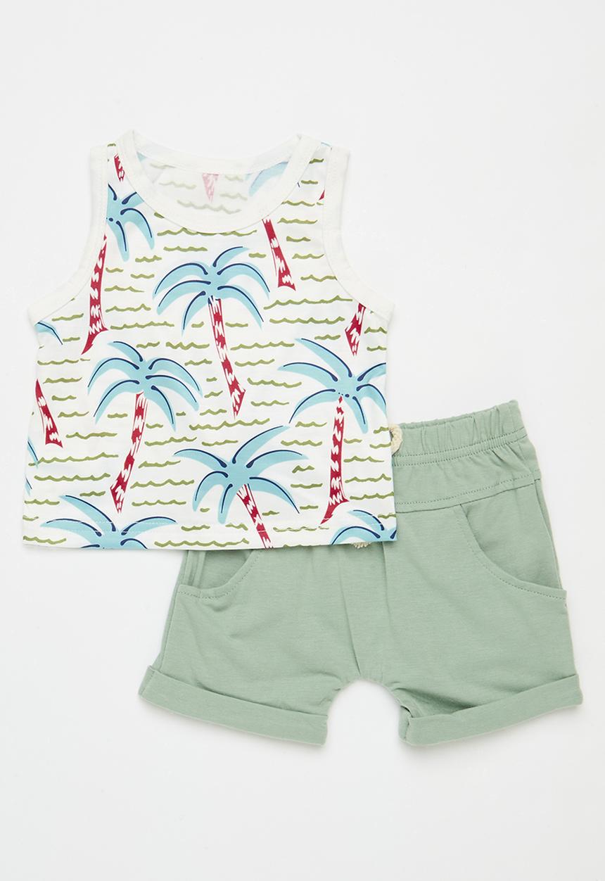 Pop Candy - Printed vest & short set - green & white