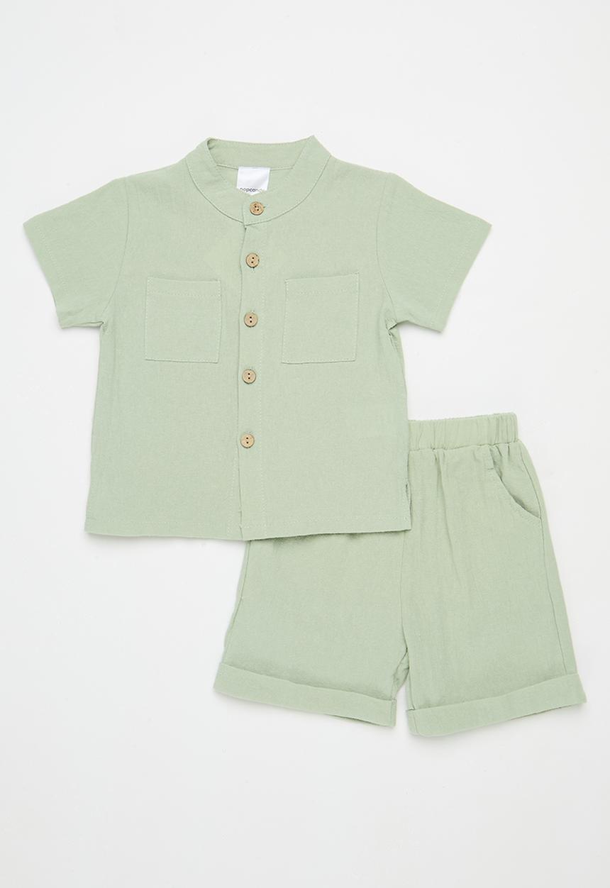 Pop Candy - Button down shirt & short set - sage green