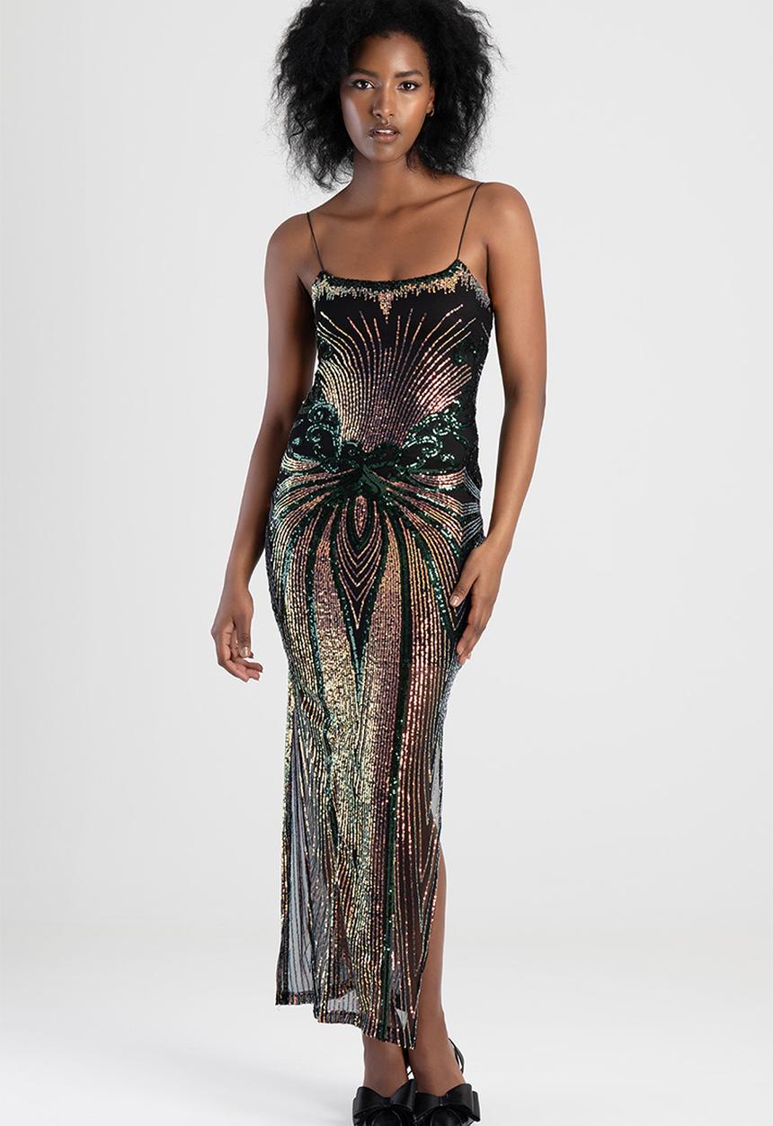 SISSY BOY - One To Watch: Basic Glam Maxi Dress With Shaped Neckline - Black/Holographic