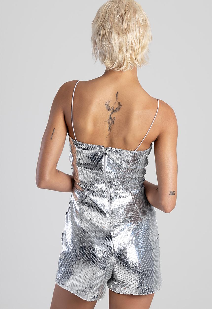 SISSY BOY - Playsuit With A Deep V Corset Bodice - Silver