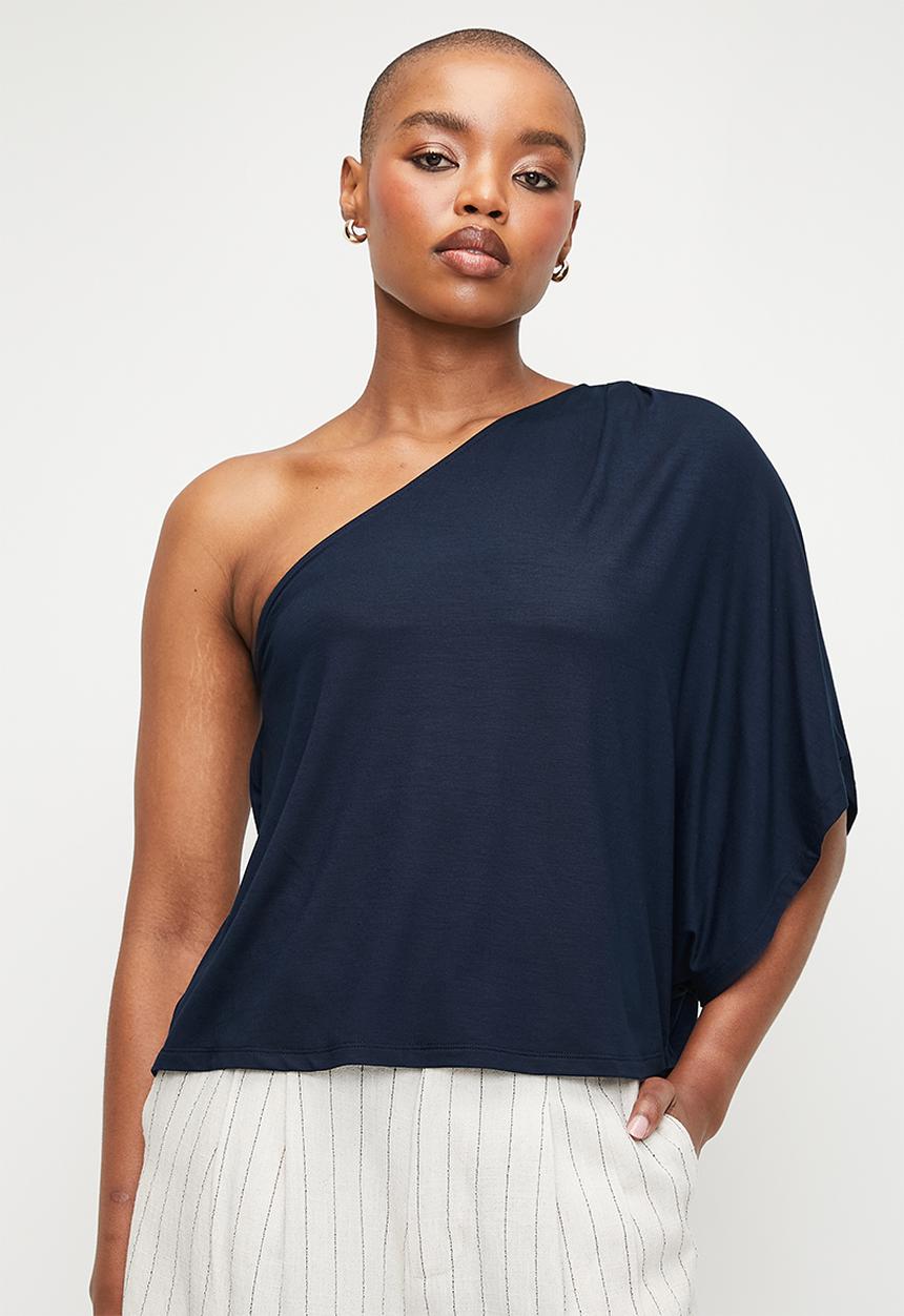 edit - V/L Asymmetrical Drape Top - Navy