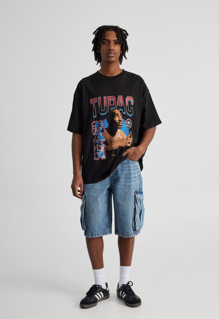 Factorie - Oversized Music Merch T Shirt - Lcn Bra Black/Tupac Looking Up