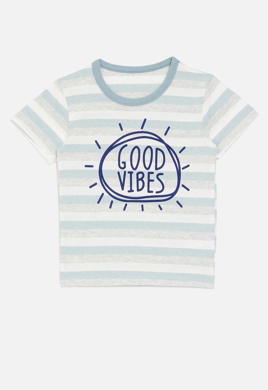 Pop Candy - Good vibes striped tee - light blue & grey