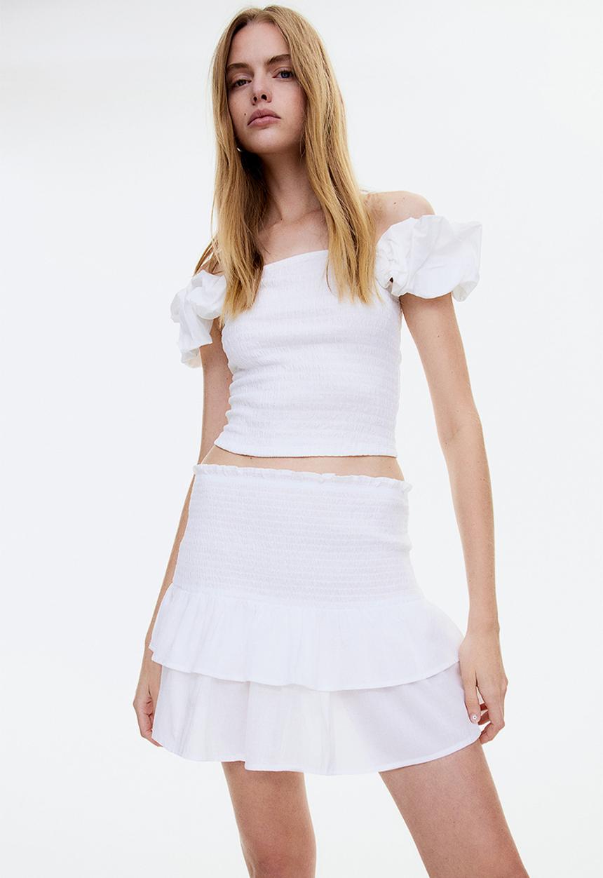 H&M - Smocked-waist tiered skirt - white