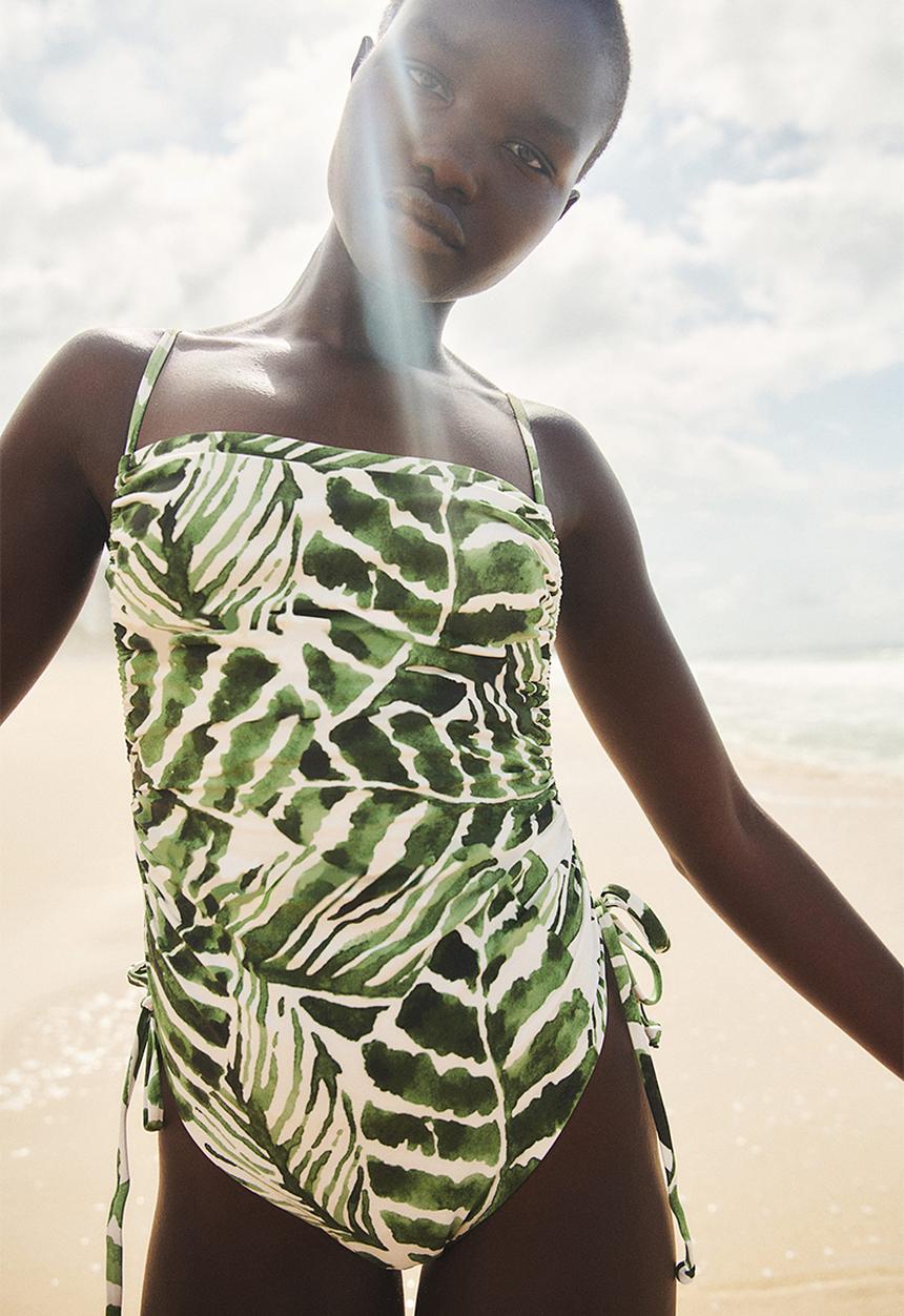 H&M - Drawstring-detail swimsuit - green leaves
