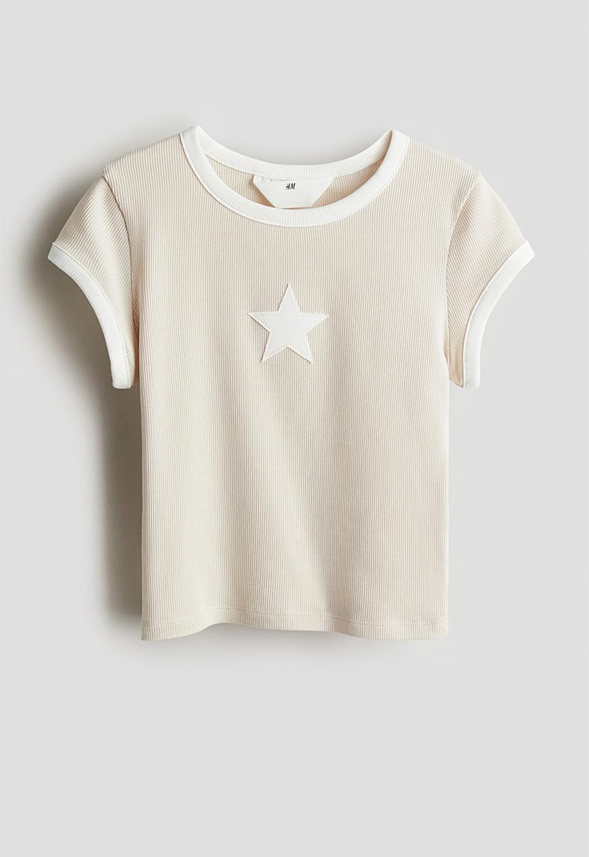 H&M - Ribbed t-shirt - light beige star 
