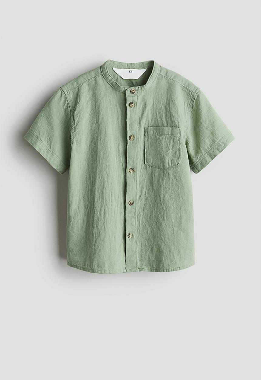 H&M - Linen-blend grandad shirt - light khaki green