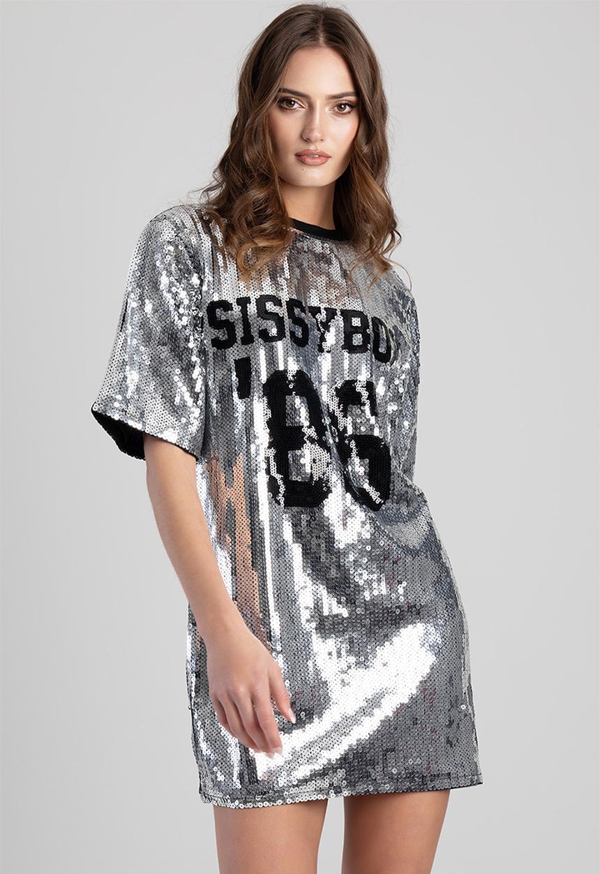 SISSY BOY - Slainte V.2: Boxy, Loose Sequin Logo T-Shirt Dress - Silver