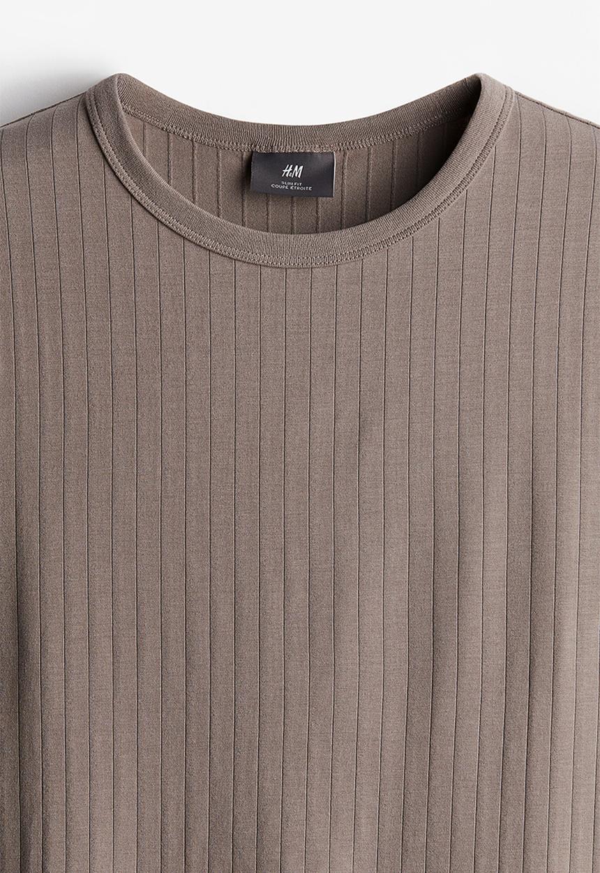 H&M - Slim fit ribbed lyocell-blend t-shirt - dark beige