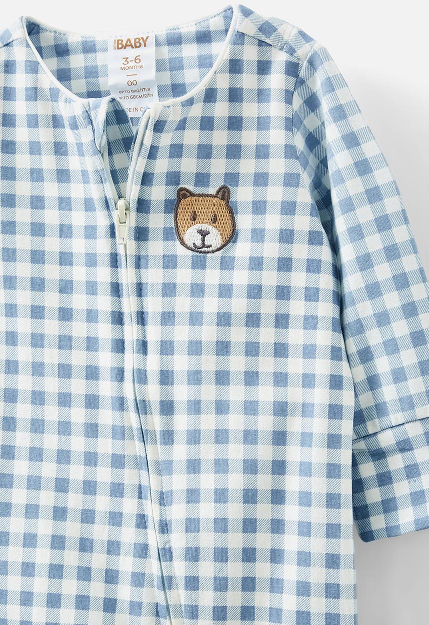 Cotton On - The billie long sleeve zip romper - dusty blue/gingham bear