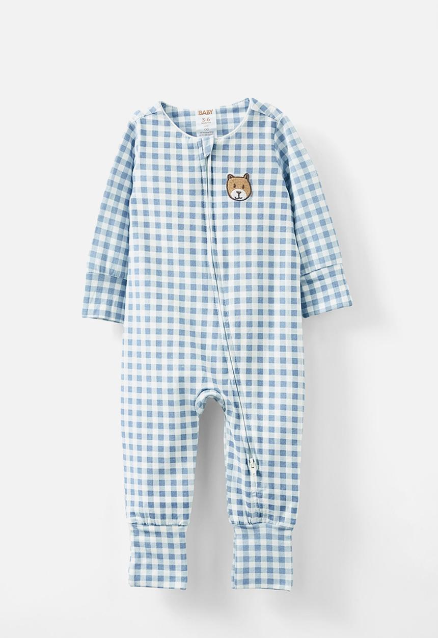 Cotton On - The billie long sleeve zip romper - dusty blue/gingham bear