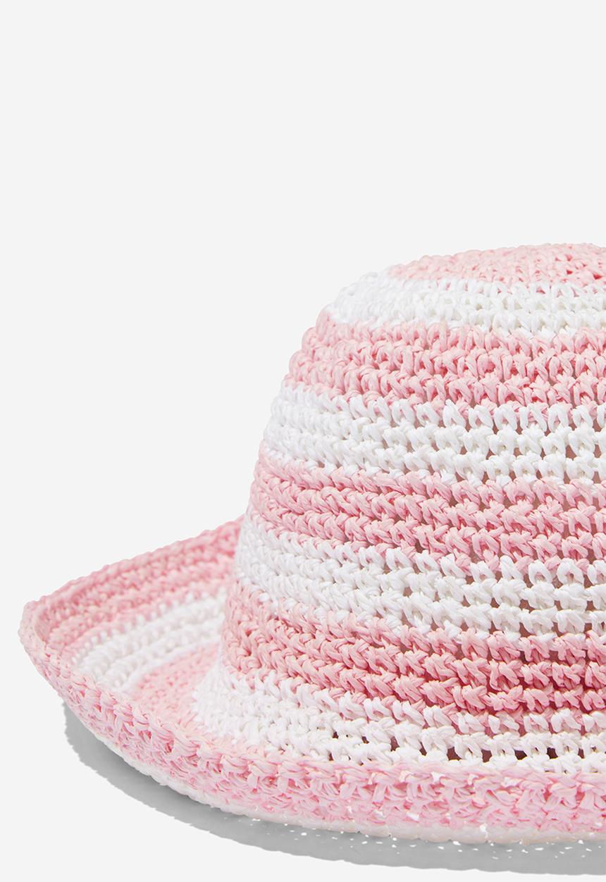 Cotton On - Kids crochet bucket hat - blush pink/white stripe