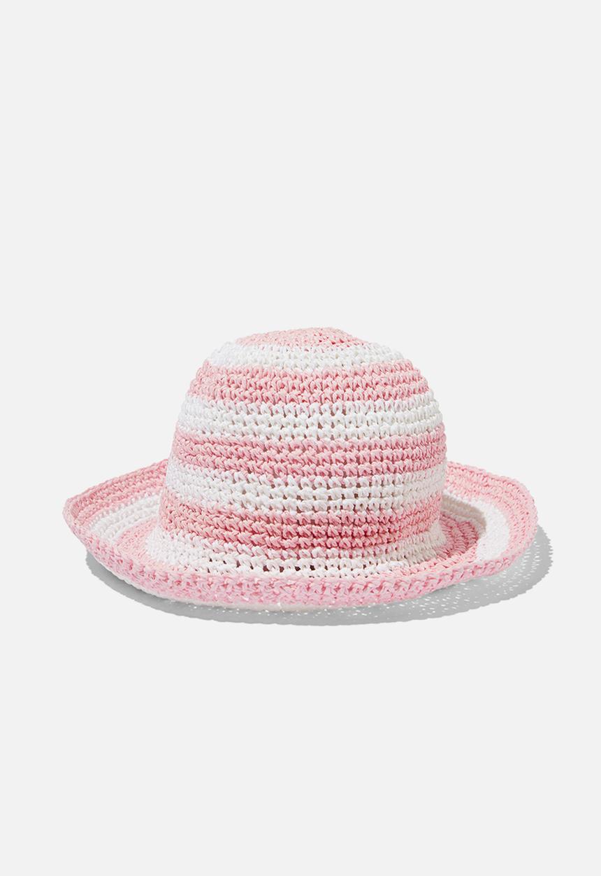 Cotton On - Kids crochet bucket hat - blush pink/white stripe
