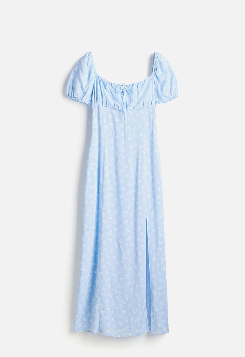 H&M - Puff-sleeved midi dress - light blue floral 