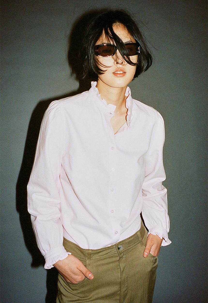 H&M - Frill-trimmed oxford blouse - light pink striped