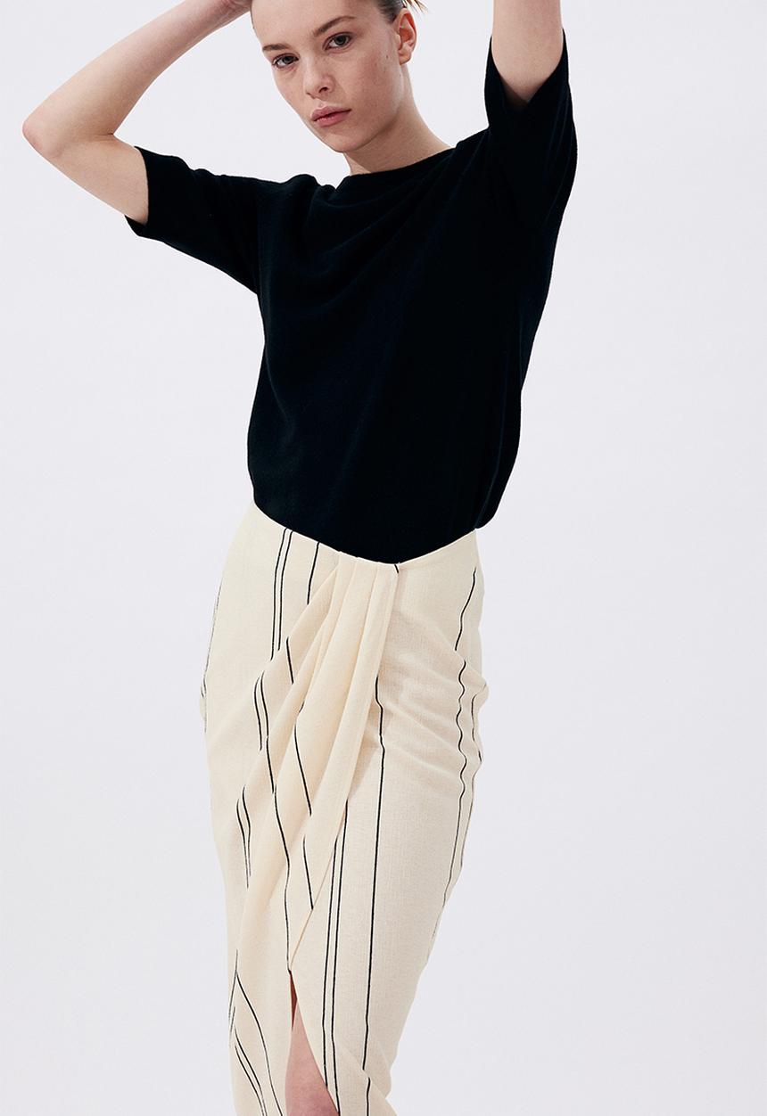 H&M - Textured-knit wrap skirt - cream striped 