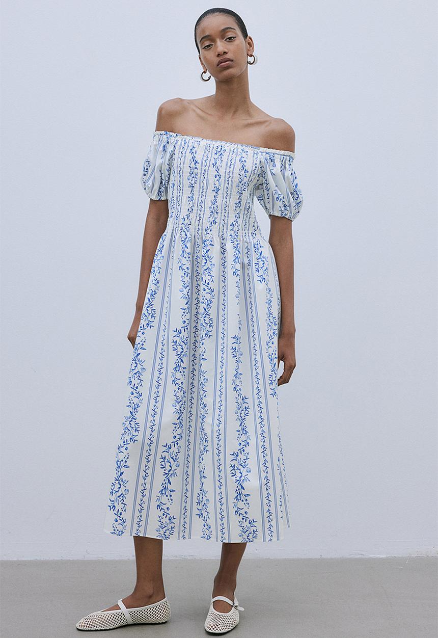 H&M - Off-the-shoulder poplin dress - white & blue floral
