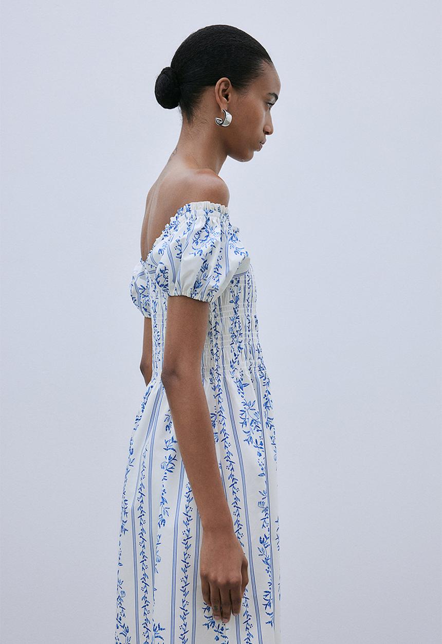 H&M - Off-the-shoulder poplin dress - white & blue floral