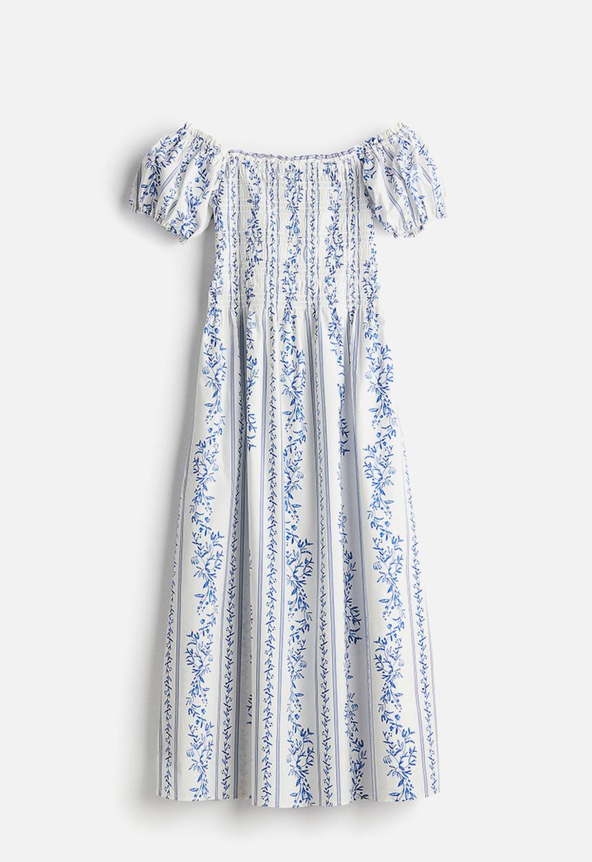 H&M - Off-the-shoulder poplin dress - white & blue floral