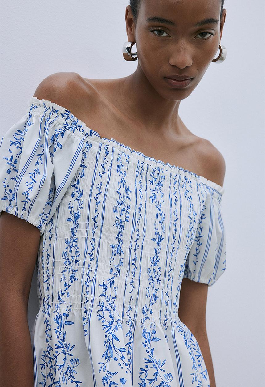 H&M - Off-the-shoulder poplin dress - white & blue floral