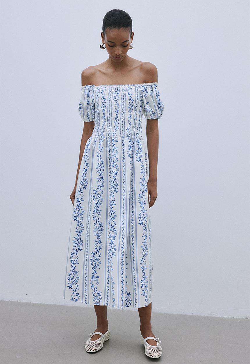 H&M - Off-the-shoulder poplin dress - white & blue floral