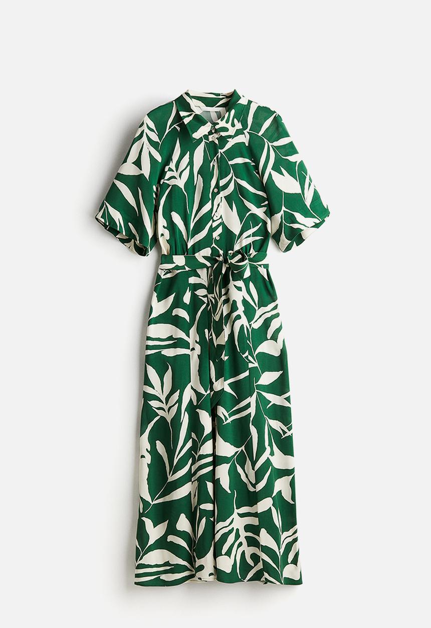 H&M - Tie-belt shirt dress - green patterned 