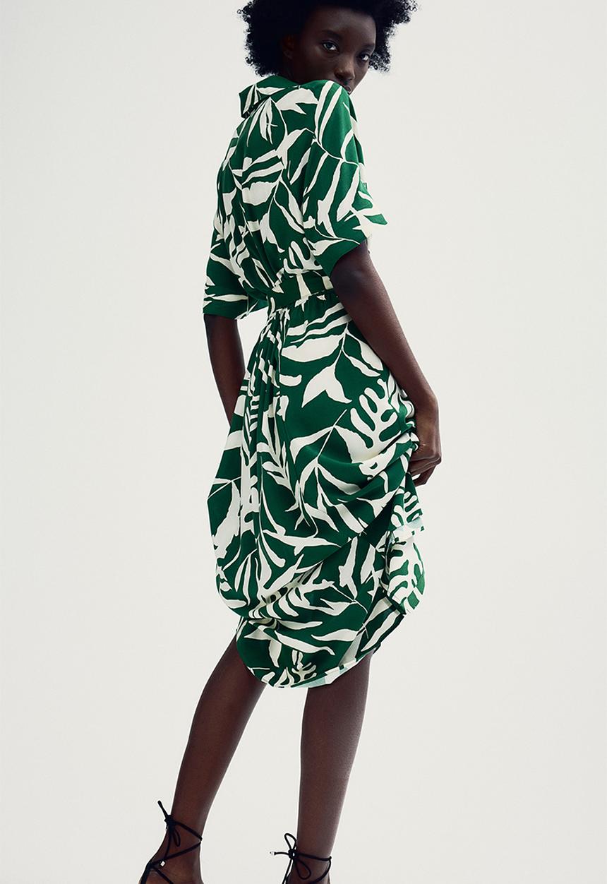 H&M - Tie-belt shirt dress - green patterned 