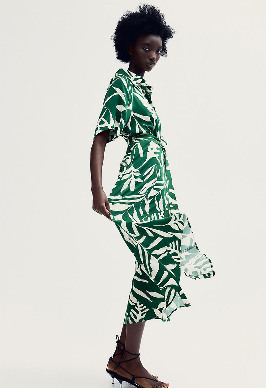 H&M - Tie-belt shirt dress - green patterned 