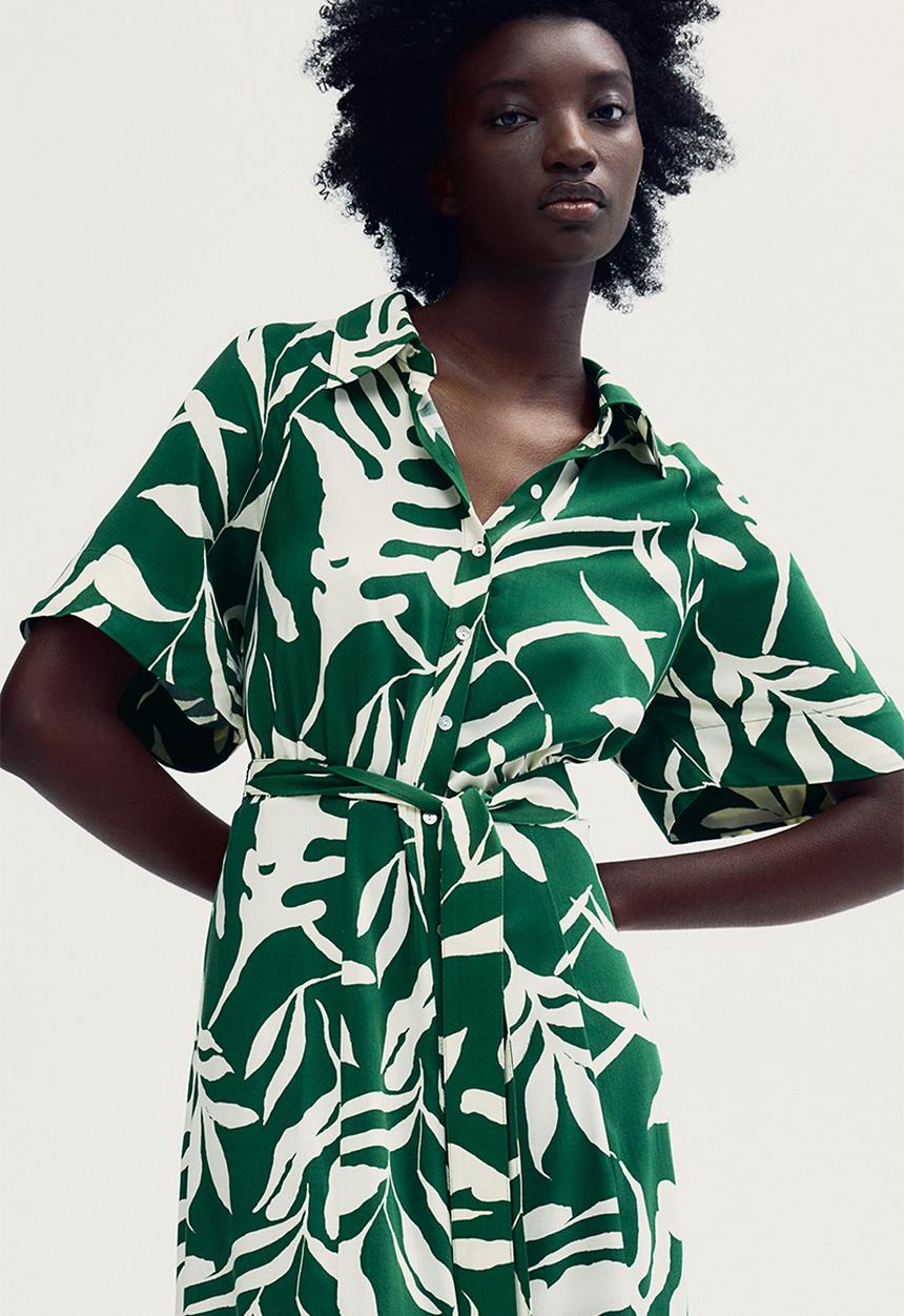 H&M - Tie-belt shirt dress - green patterned 