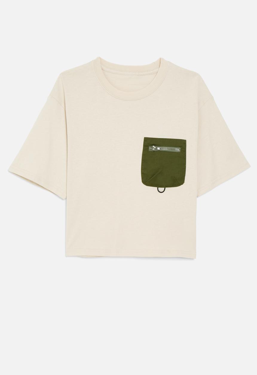 Pop Candy - Zip pocket tee - off white & green