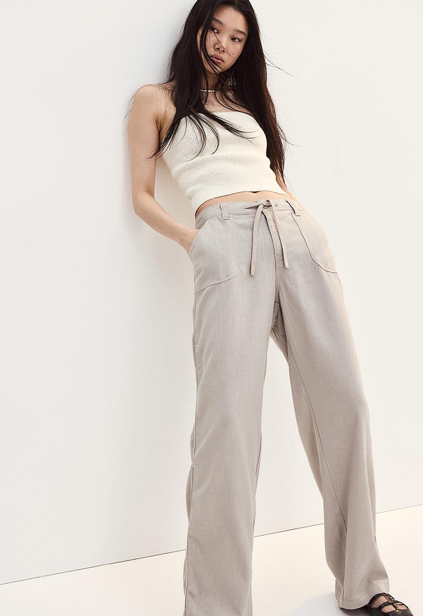 H&M - Linen-blend straight trousers - beige & grey