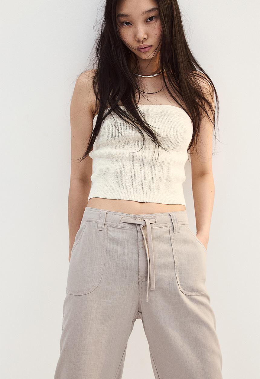H&M - Linen-blend straight trousers - beige & grey