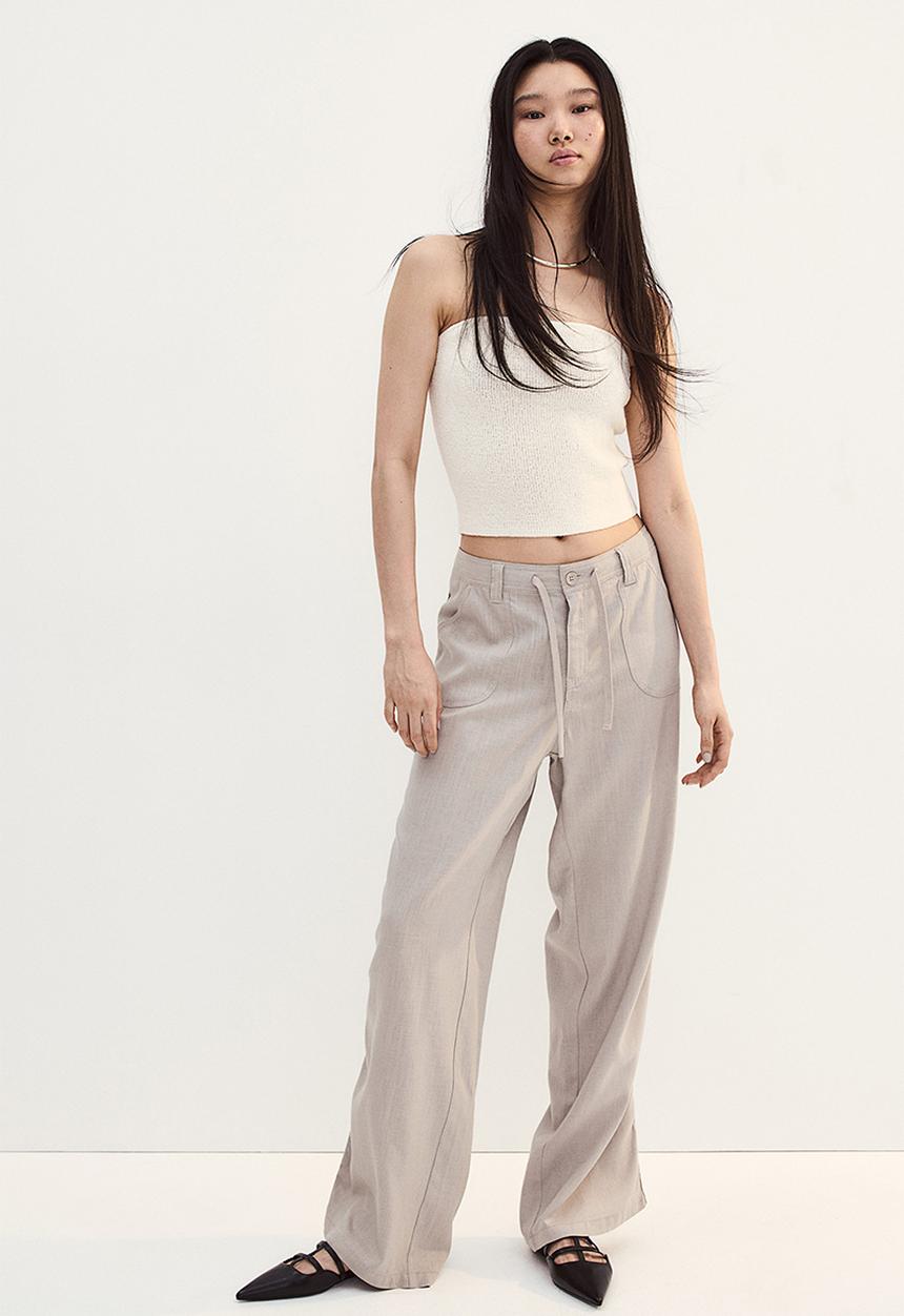 H&M - Linen-blend straight trousers - beige & grey
