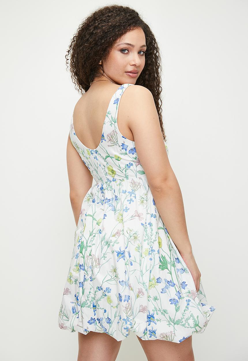 MILLA - Printed bubble mini dress - Blue delicate daisy