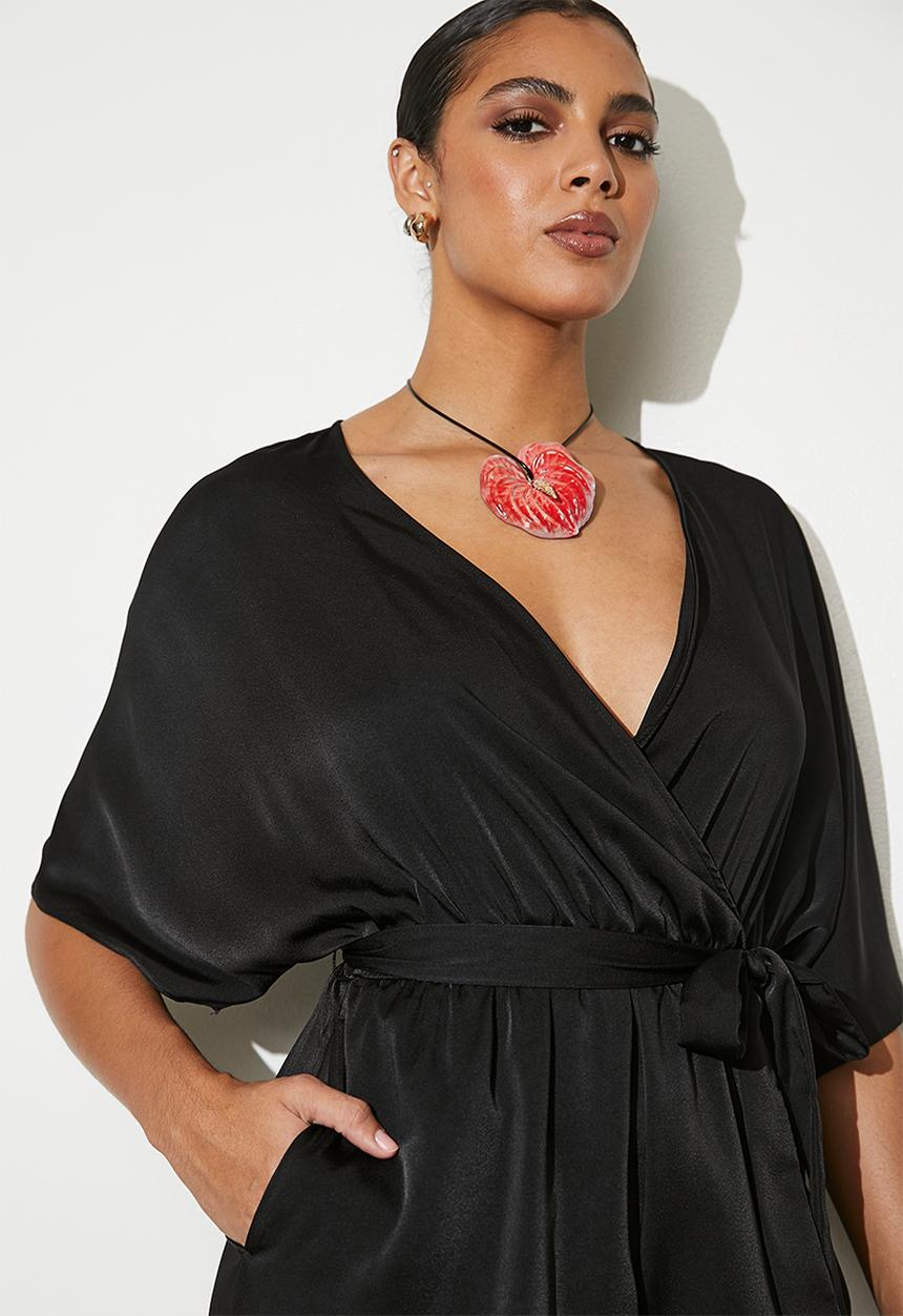 VELVET - Mock wrap grown on sleeve playsuit - black