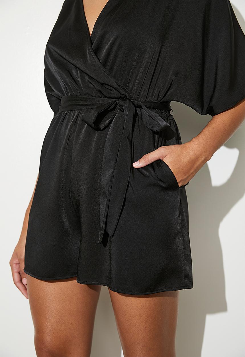 VELVET - Mock wrap grown on sleeve playsuit - black