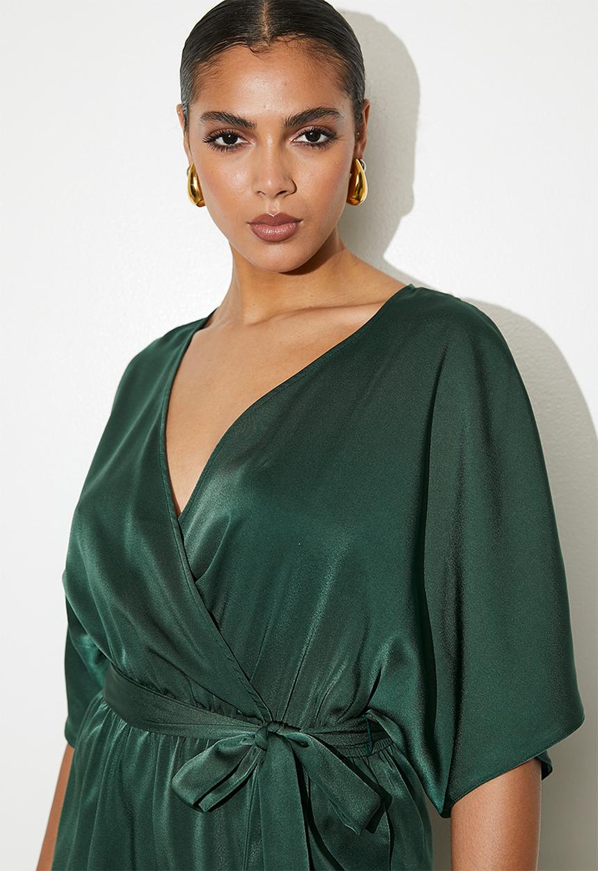VELVET - Mock wrap grown on sleeve playsuit - Green