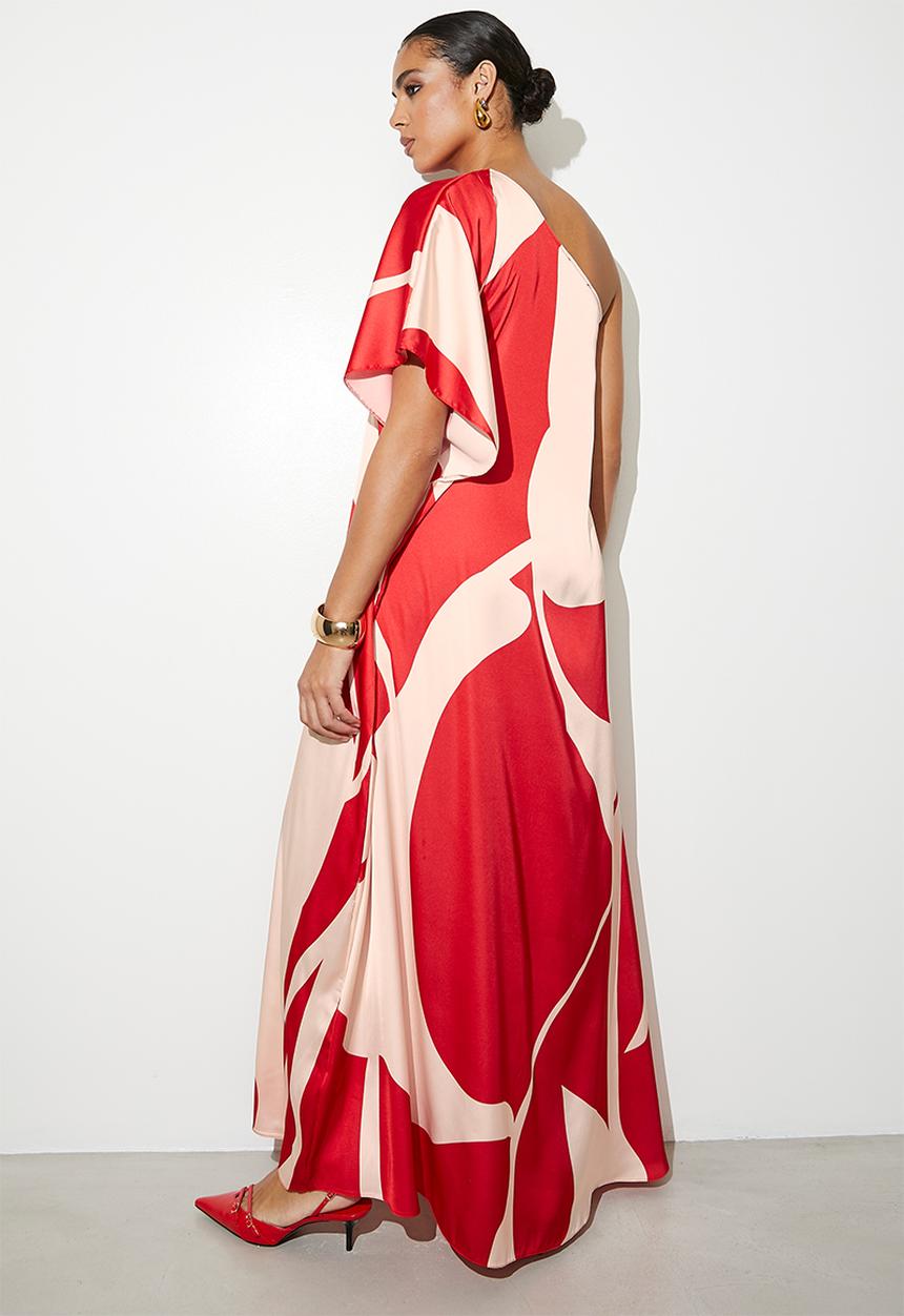 VELVET - Printed Asym Satin Kaftan - Red Macro Geo