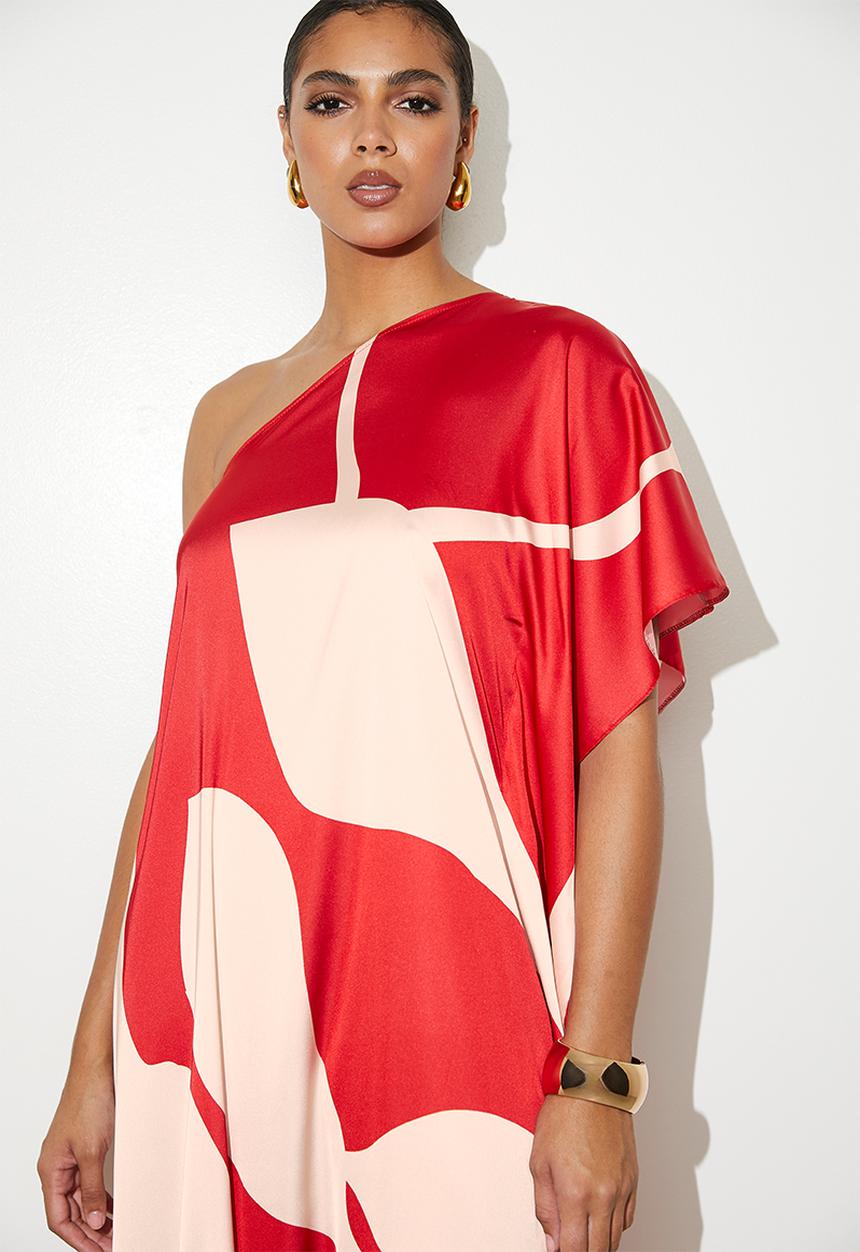 VELVET - Printed Asym Satin Kaftan - Red Macro Geo