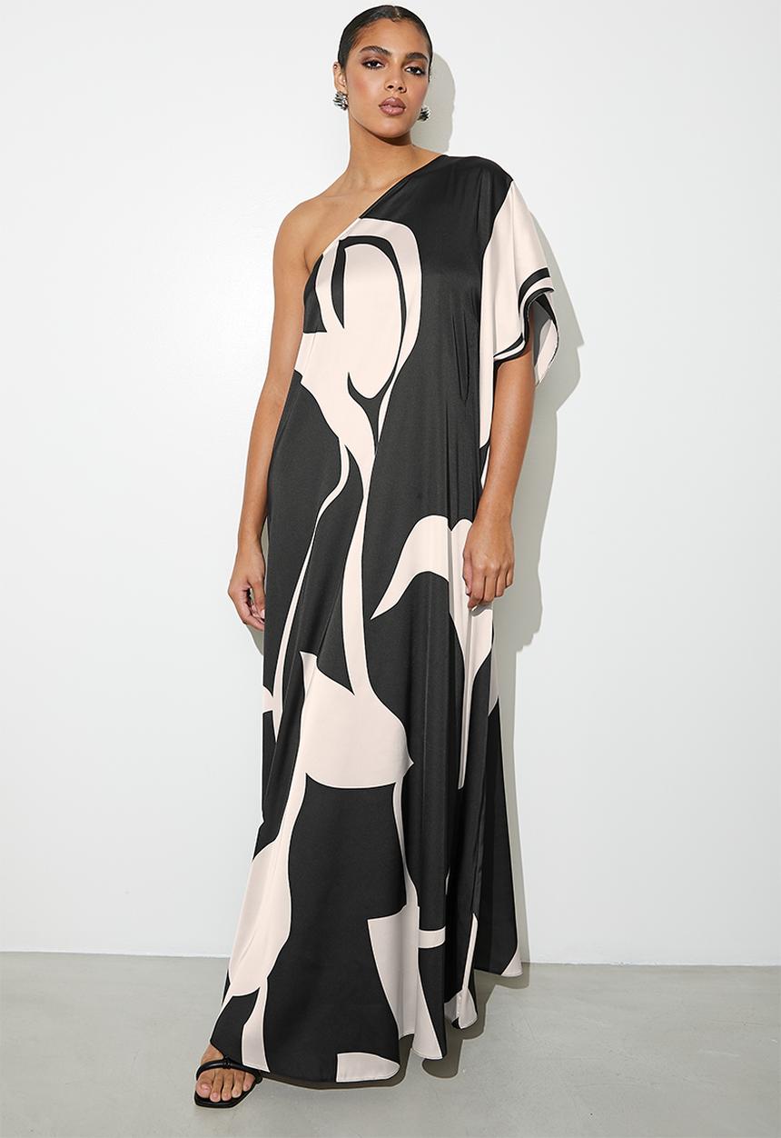 VELVET - Printed Asym Satin Kaftan - Black Oyster Macro Geo AOP