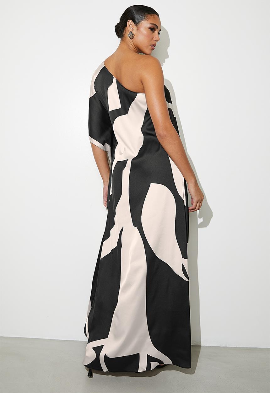 VELVET - Printed Asym Satin Kaftan - Black Oyster Macro Geo AOP