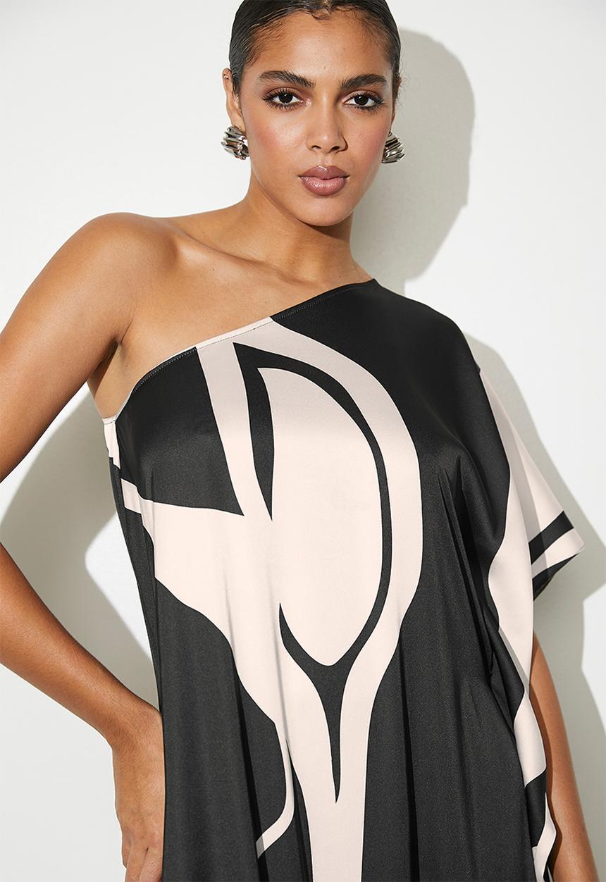 VELVET - Printed Asym Satin Kaftan - Black Oyster Macro Geo AOP