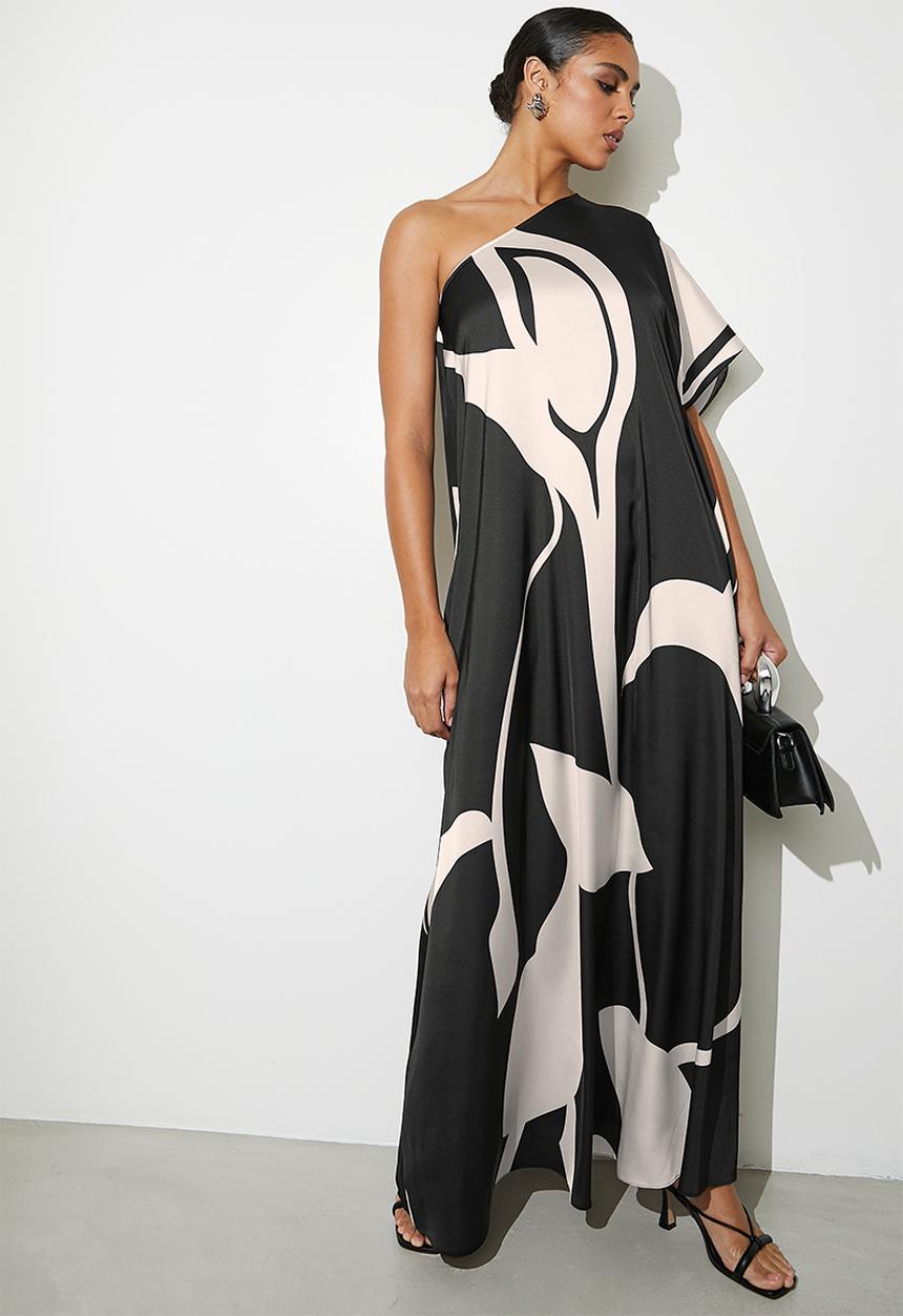 VELVET - Printed Asym Satin Kaftan - Black Oyster Macro Geo AOP